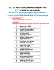 LIST OF APPLICANTS FOR WRITTEN NEURO PSYCHIATRIC EXAMINATION FIRST BATCH ON 16 SEPTEMBER 2014 at the National Headquarters, Conference Room (4th floor), 8:00 am (2nd and 3rd batch of Neuro Psychiatric examinees will be p