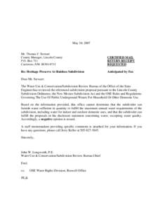 May 10, 2007  Mr. Thomas F. Stewart County Manager, Lincoln County P.O. Box 711 Carrizozo, NM[removed]