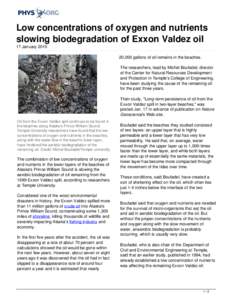 Low concentrations of oxygen and nutrients slowing biodegradation of Exxon Valdez oil