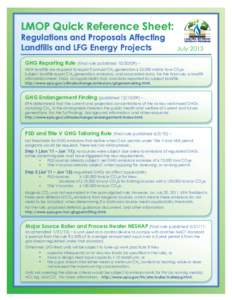 LMOP Quick Reference Sheet: Regulations and Proposals Affecting Landfills and LFG Energy Projects