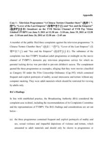 Appendix Case 1 – Television Programmes “A Chinese Torture Chamber Story” (滿清十大 酷刑), “Lover of the Last Empress” (慈禧秘密生活) and “Sex and the Emperor” (滿清禁宮奇案) broadcast on 