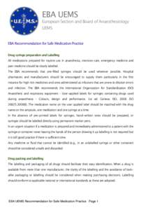 EBA UEMS  European Section and Board of Anaesthesiology UEMS  EBA Recommendation for Safe Medication Practice