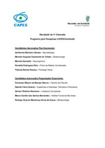 Resultado da 4º Chamada Programa para Pesquisas CAPES/Humboldt Candidatos Aprovados Pós-Doutorado: Guilherme Monteiro Gomes - Neurobiologia Marcelo Augusto Szymanski de Toledo – Biotecnologia