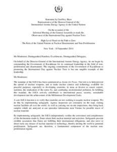 Statement by Geoffrey Shaw Representative of the Director General of the International Atomic Energy Agency to the United Nations On the occasion of the Informal Meeting of the General Assembly to mark the Observance of 