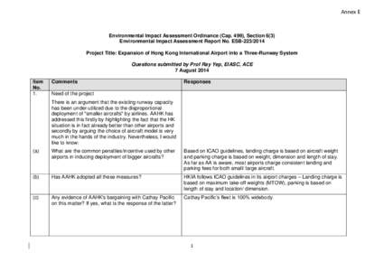 Annex E  Environmental Impact Assessment Ordinance (Cap. 499), Section 6(3) Environmental Impact Assessment Report No. ESB[removed]Project Title: Expansion of Hong Kong International Airport into a Three-Runway System Q