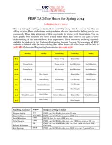    FESP TA Office Hours for Spring[removed]effective Jan 27, 2014) This is a listing of teaching assistants, their availability along with the courses that they are willing to tutor. These students are undergraduates who 