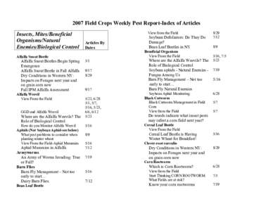 2007 Field Crops Weekly Pest Report-Index of Articles Insects, Mites/Beneficial Organisms/Natural Enemies/Biological Control  View from the Field