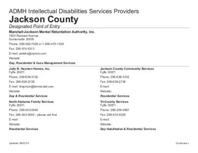ADMH Intellectual Disabilities Services Providers  Jackson County Designated Point of Entry  Marshall-Jackson Mental Retardation Authority, Inc.