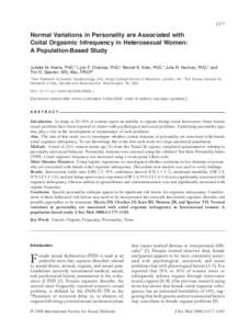 1177  Normal Variations in Personality are Associated with Coital Orgasmic Infrequency in Heterosexual Women: A Population-Based Study Juliette M. Harris, PhD,* Lynn F. Cherkas, PhD,* Bernet S. Kato, PhD,* Julia R. Heima