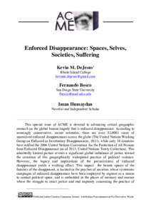 Enforced Disappearance: Spaces, Selves, Societies, Suffering Kevin M. DeJesus1 Rhode Island College [removed]