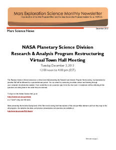 December[removed]Mars Science News NASA Planetary Science Division Research & Analysis Program Restructuring