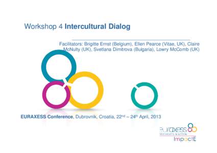Workshop 4 Intercultural Dialog Facilitators: Brigitte Ernst (Belgium), Ellen Pearce (Vitae, UK), Claire McNulty (UK), Svetlana Dimitrova (Bulgaria), Lowry McComb (UK) EURAXESS Conference, Dubrovnik, Croatia, 22nd – 24