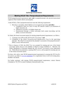 Anchorage School District  Meeting NCLB Title I Paraprofessional Requirements NCLB paraprofessional requirements apply only to paraprofessionals who provide instructional support in Title I funded schools and programs. U