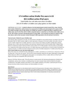 -PRESS RELEASE[removed]million active Kindle Fire users in US 30.5 million active iPad users Total Kindle Fire unit sales more than 10 million 36% of 59 million US tablet users plays games on their tablet
