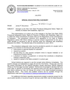 THE STATE EDUCATION DEPARTMENT / THE UNIVERSITY OF THE STATE OF NEW YORK / ALBANY, NY[removed]OFFICE OF P-12 EDUCATION: Office of Special Education ASSISTANT COMMISSIONER Room 301M EB, 89 Washington Avenue  Albany, NY 1