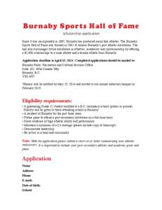 Burnaby Sports Hall of Fame Scholarship application Since it was incorporated in 1892, Burnaby has produced many fine athletes. The Burnaby