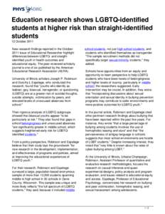 Education research shows LGBTQ-identified students at higher risk than straight-identified students