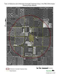 Town of Deloraine and 3 Kilometre Extended Treatment Area in the RM of Winchester Showing Road Network $ Broadway