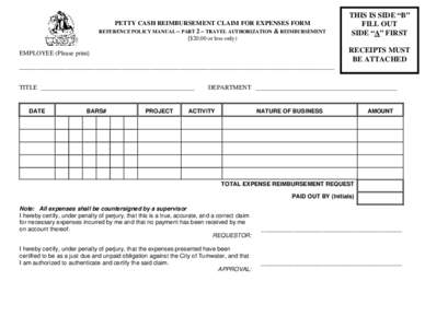 Tumwater, WA - Petty Cash Reimbursement Claim for Expenses Form