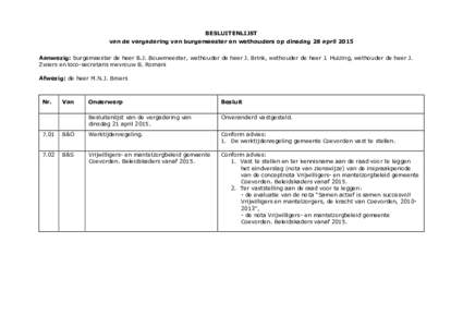 BESLUITENLIJST van de vergadering van burgemeester en wethouders op dinsdag 28 april 2015 Aanwezig: burgemeester de heer B.J. Bouwmeester, wethouder de heer J. Brink, wethouder de heer J. Huizing, wethouder de heer J. Zw