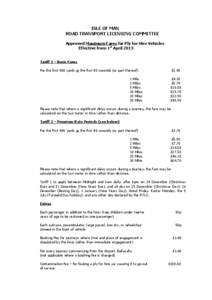 ISLE OF MAN ROAD TRANSPORT LICENSING COMMITTEE Approved Maximum Fares for Ply for Hire Vehicles Effective from 1st April 2013 Tariff 1 – Basic Fares For the first 400 yards or the first 80 seconds (or part thereof)