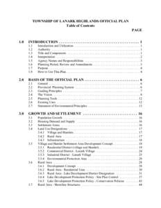 TOWNSHIP OF LANARK HIGHLANDS OFFICIAL PLAN Table of Contents PAGE 1.0  INTRODUCTION . . . . . . . . . . . . . . . . . . . . . . . . . . . . . . . . . . . . . . . . . . . . 1