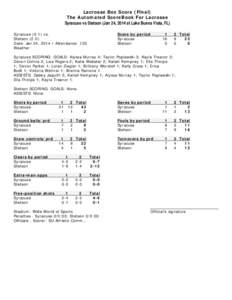 Lacrosse Box Score (Final) The Automated ScoreBook For Lacrosse Syracuse vs Stetson (Jan 24, 2014 at Lake Buena Vista, FL) Syracuse[removed]vs. Stetson[removed]Date: Jan 24, 2014 • Attendance: 133