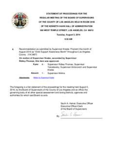 STATEMENT OF PROCEEDINGS FOR THE REGULAR MEETING OF THE BOARD OF SUPERVISORS OF THE COUNTY OF LOS ANGELES HELD IN ROOM 381B OF THE KENNETH HAHN HALL OF ADMINISTRATION 500 WEST TEMPLE STREET, LOS ANGELES, CA[removed]Tuesday