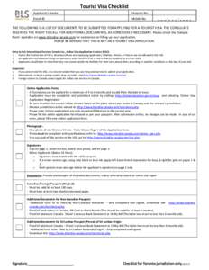 Tourist Visa Checklist Appli a t s Na e Passport No.  Email ID