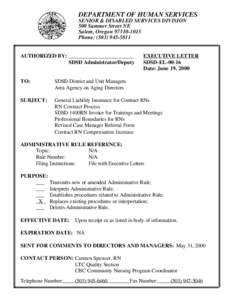 DEPARTMENT OF HUMAN SERVICES SENIOR & DISABLED SERVICES DIVISION 500 Summer Street NE Salem, Oregon[removed]Phone: ([removed]