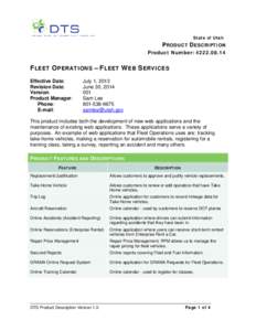 State of Utah  PRODUCT DESCRIPTION Product Number: [removed]FLEET OPERATIONS – FLEET WEB SERVICES