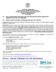 STATE OF TENNESSEE DEPARTMENT OF COMMERCE AND INSURANCE FINANCIAL AFFAIRS SECTION / ANALYTICAL UNIT[removed]JAMES ROBERTSON PARKWAY NASHVILLE, TENNESSEE[removed]1670