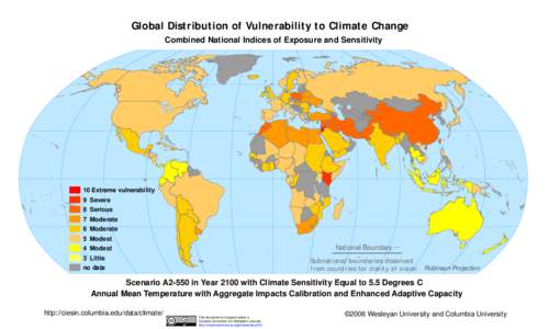 Global Distribution of Vulnerability to Climate Change Combined National Indices of Exposure and Sensitivity 10 Extreme vulnerability 9 Severe 8 Serious