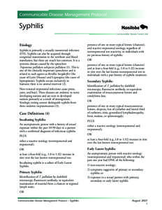 Communicable Disease Management Protocol  Syphilis Communicable Disease Control Unit  Etiology