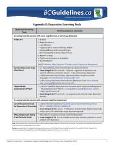 Guidelines & Protocols Advisory Committee  Appendix D: Depression Screening Tools Depression Screening Tools