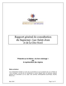 Rapport général de consultation du Saguenay–Lac-Saint-Jean et de la Côte-Nord