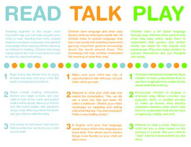 READ TALK PLAY Reading together is the single most important way you can help prepare your child to read. Starting from birth, shared reading increases vocabulary and general knowledge while helping children develop