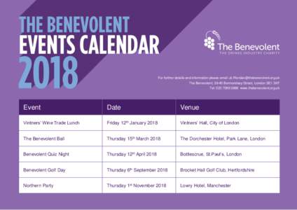 For further details and information please email  The Benevolent, 39-45 Bermondsey Street, London SE1 3XF Tel: www.thebenevolent.org.uk Event