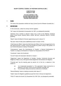 1 INJURY CONTROL COUNCIL OF WESTERN AUSTRALIA (INC.) CONSTITUTION AdoptedAmended AGM March 1999 Amended AGM September 2009