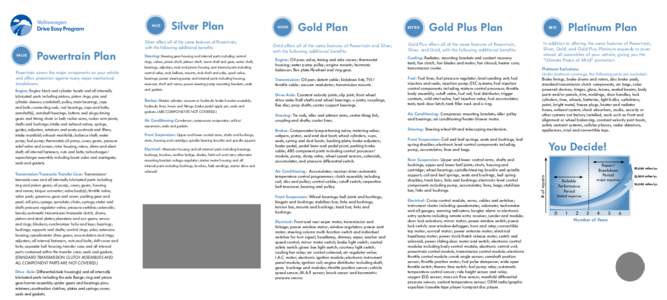 VALUE  Powertrain Plan Powertrain covers the major components on your vehicle and offers protection against many major mechanical