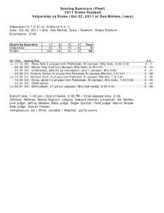 Scoring Summary (Final[removed]Drake Football Valparaiso vs Drake (Oct 22, 2011 at Des Moines, Iowa)