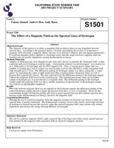 CALIFORNIA STATE SCIENCE FAIR 2003 PROJECT SUMMARY Name(s)  Faizan Ahmed; Andrew Hsu; Andy Reese