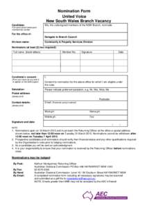 United Voice NSW Branch nomination form
