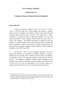 New Companies Ordinance Briefing Notes on Companies (Summary Financial Reports) Regulation BACKGROUND Under the Companies Ordinance, (Cap. 32) (“Cap. 32”), sections