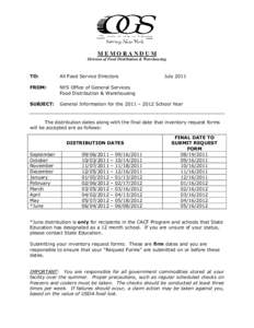 MEMORANDUM Division of Food Distribution & Warehousing TO:  All Food Service Directors