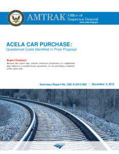 ACELA CAR PURCHASE: Questioned Costs Identified in Price Proposal Report Summary