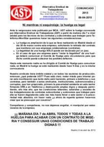Alternativa Sindical de Trabajadores COMUNICADO  C/ Gran Vía 40, Madrid
