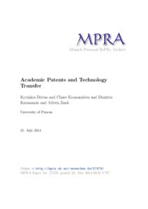 M PRA Munich Personal RePEc Archive Academic Patents and Technology Transfer Kyriakos Drivas and Claire Economidou and Dimitris