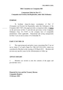 CB[removed])  Bills Committee on Companies Bill Comparison Table for Part 17 – Companies not Formed, but Registrable, under this Ordinance