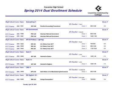 Coconino High School  Spring 2006Enrollment Dual Enrollment Schedule